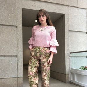 Ruffle Sleeved Pink Stripped Blouse